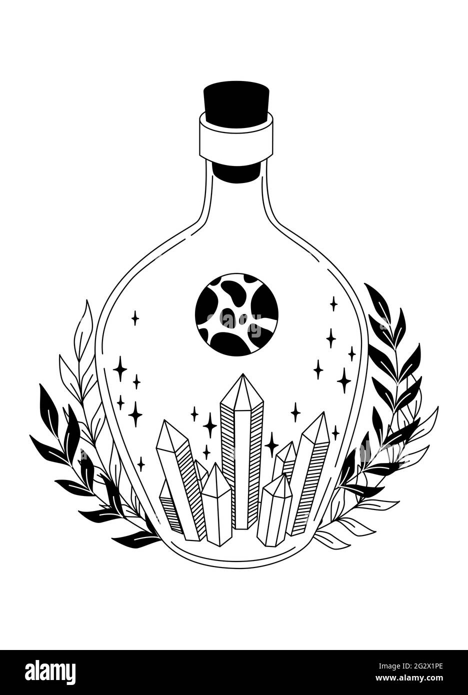 Bouteille Magic. Sorcellerie. Flacon avec cristaux, feuilles, étoiles. Style gothique. Illustration vectorielle noir et blanc. Symbole ésotérique. Tatouage, logo, art Illustration de Vecteur