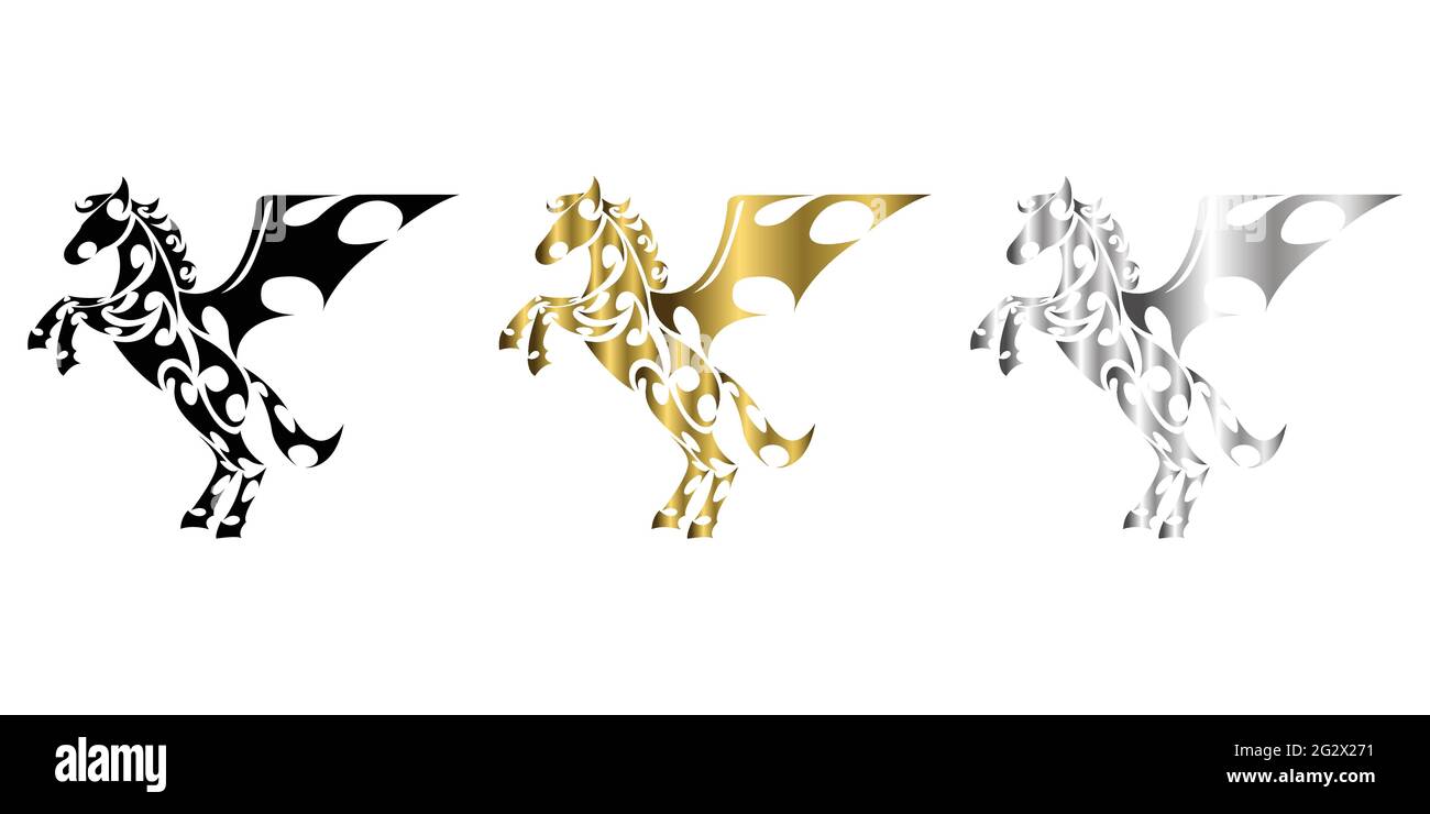 Trois couleurs noir or argent vecteur d'art de ligne de cheval avec pattes avant soulevées convient pour une utilisation comme décoration ou logo Illustration de Vecteur