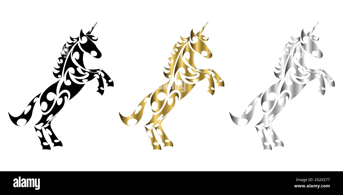 Trois couleurs noir or argent vecteur d'art de ligne de licorne avec pattes avant soulevées convient pour une utilisation comme décoration ou logo Illustration de Vecteur