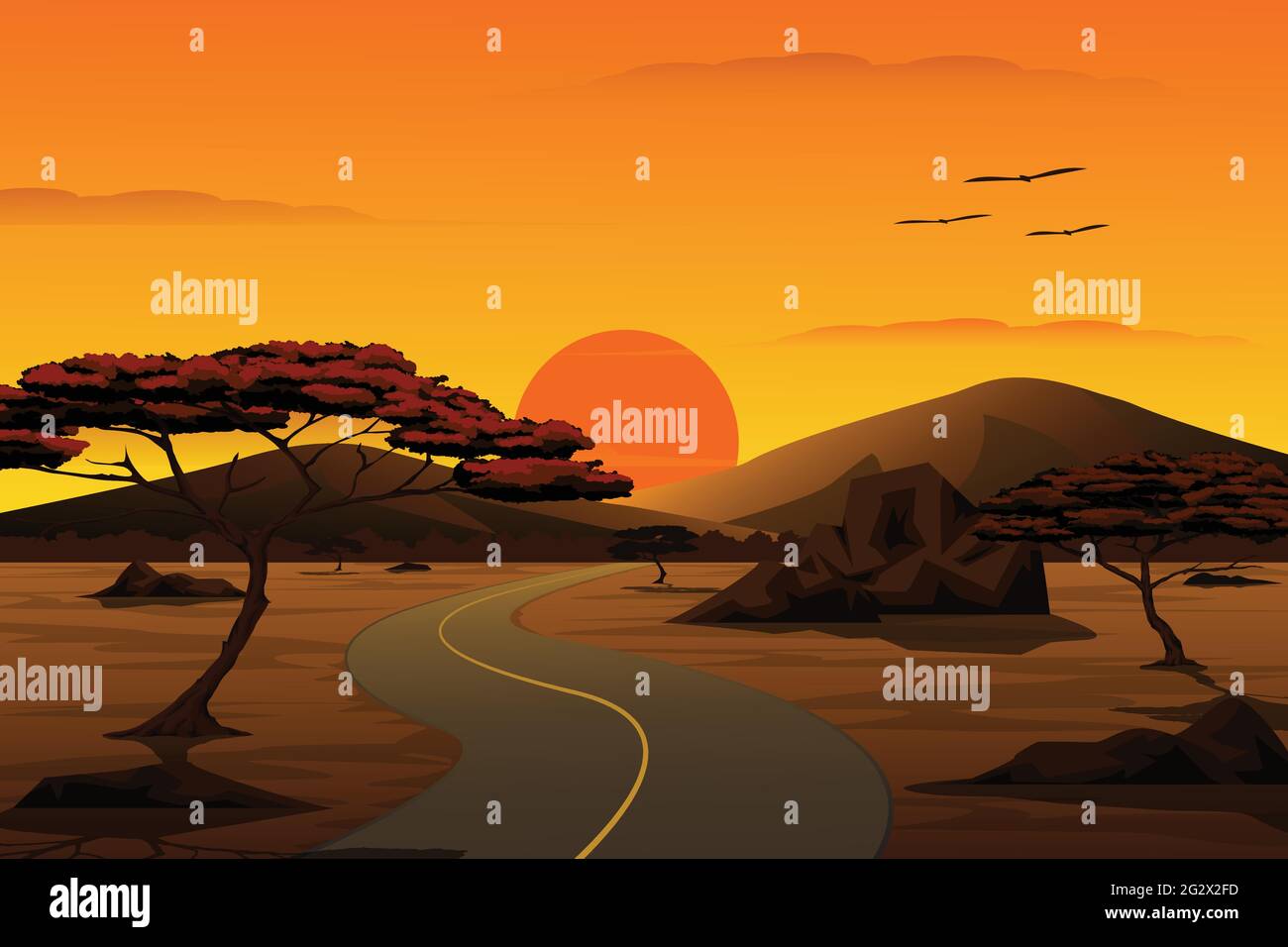 Illustration vectorielle du paysage de campagne. La route menant à la vallée au coucher du soleil avec la montagne et le ciel en arrière-plan. Illustration de Vecteur