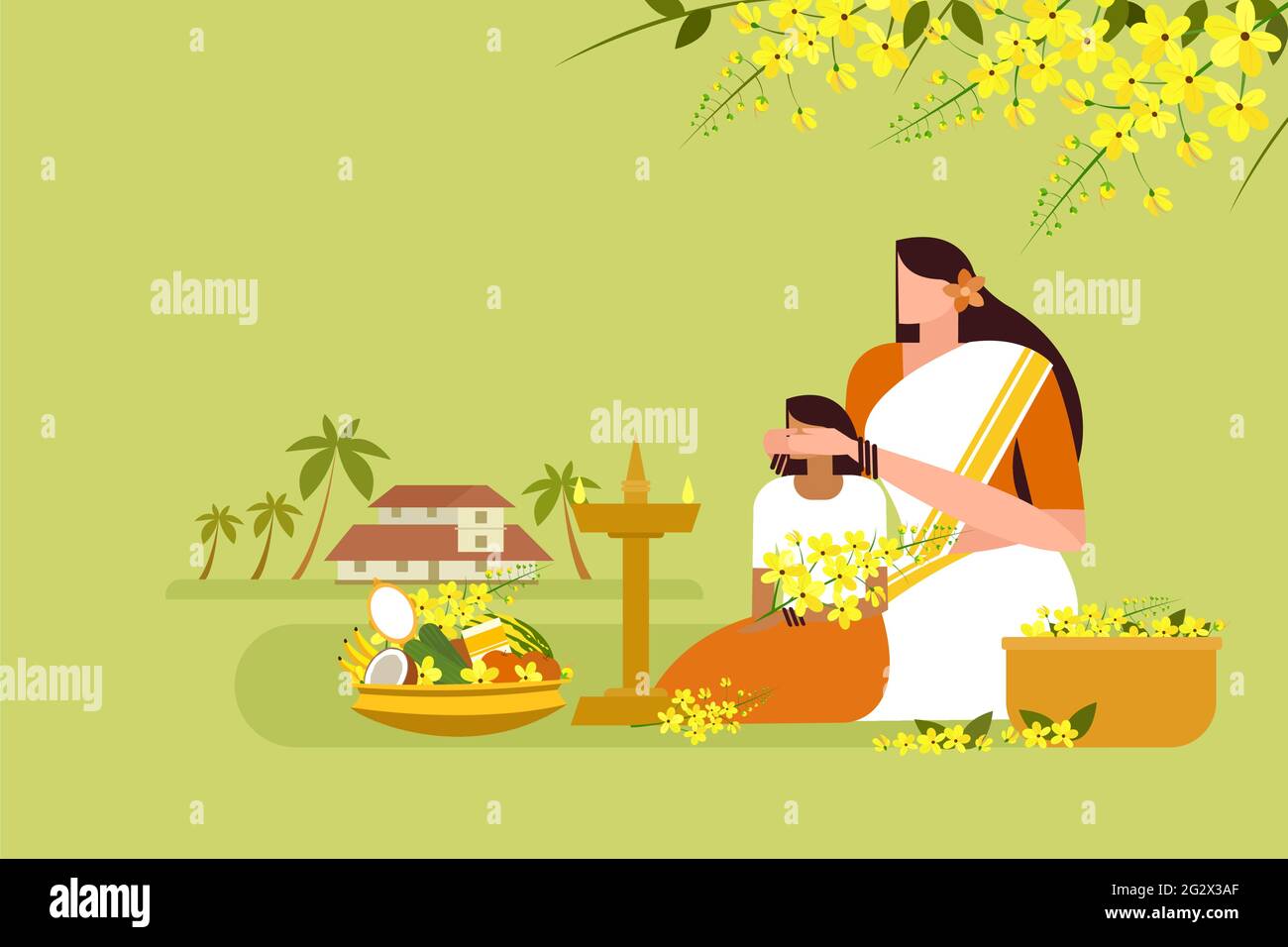 Mère aveugle sa fille devant des choses de bon augure. Un geste traditionnel dans le festival 'Vishu' à Kerala Illustration de Vecteur