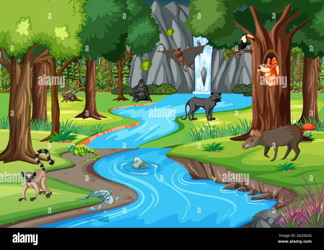 Scène de la nature avec ruisseau qui coule à travers la forêt avec illustration des animaux sauvages Illustration de Vecteur