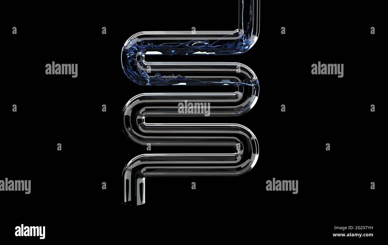 Le liquide bleu coule le tube en verre sur le noir Laboratoire scientifique recherche médicale rendu 3d Banque D'Images