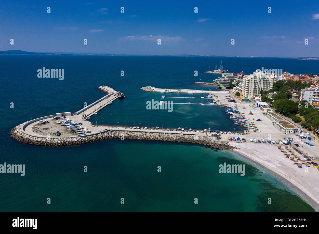 Vue aérienne du port de Pomorie, Bulgarie Banque D'Images