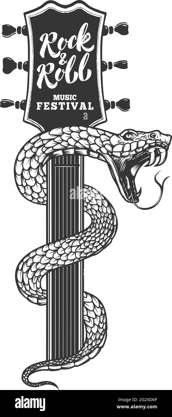 Illustrations de serpent sur tête de guitare. Élément de conception pour affiche, carte, bannière, affiche. Illustration vectorielle Illustration de Vecteur