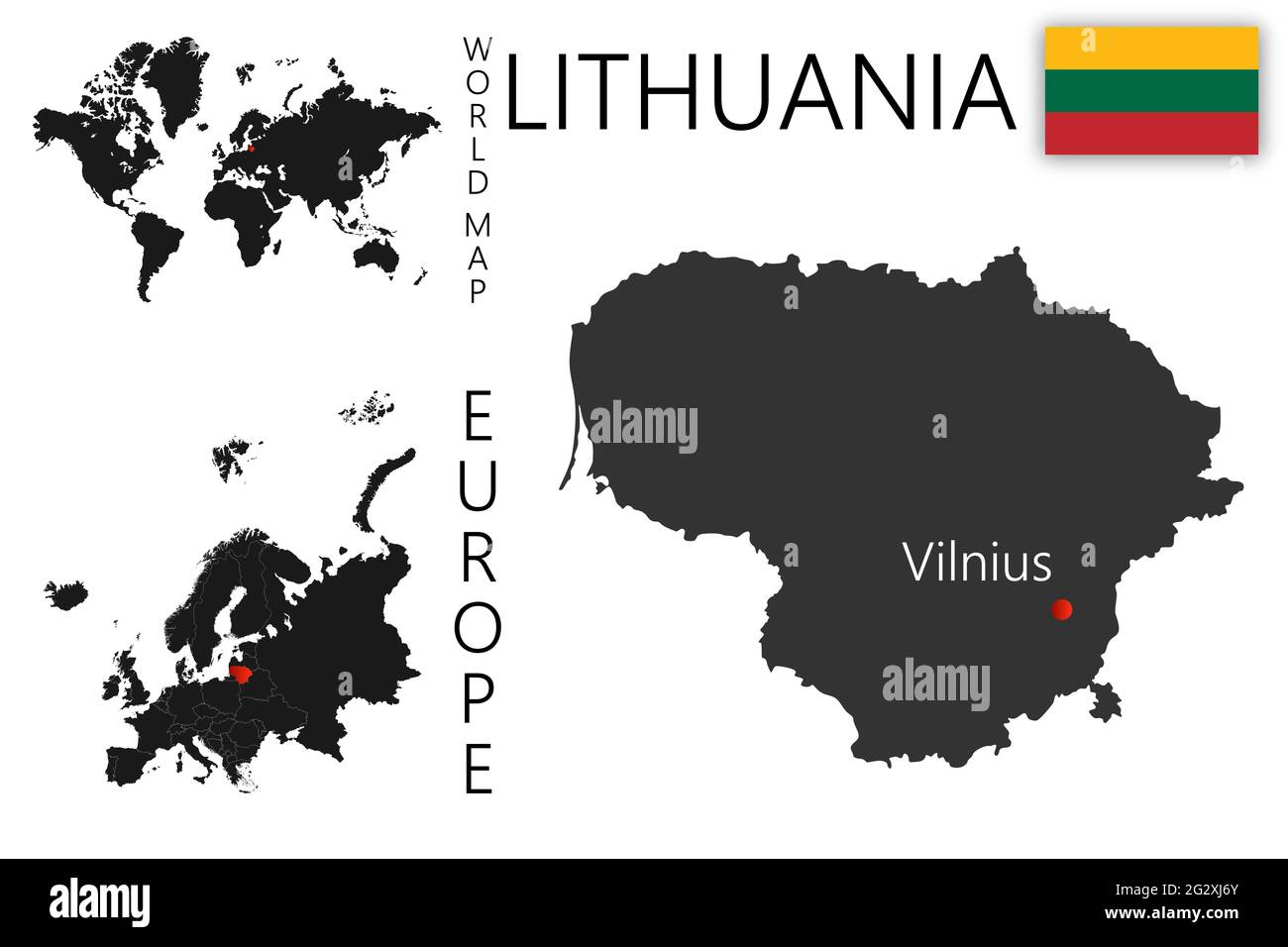 Carte vectorielle réaliste de la Lituanie avec drapeau. L'emplacement du pays sur la carte du monde et de l'Europe. Une silhouette avec des bordures détaillées du Illustration de Vecteur