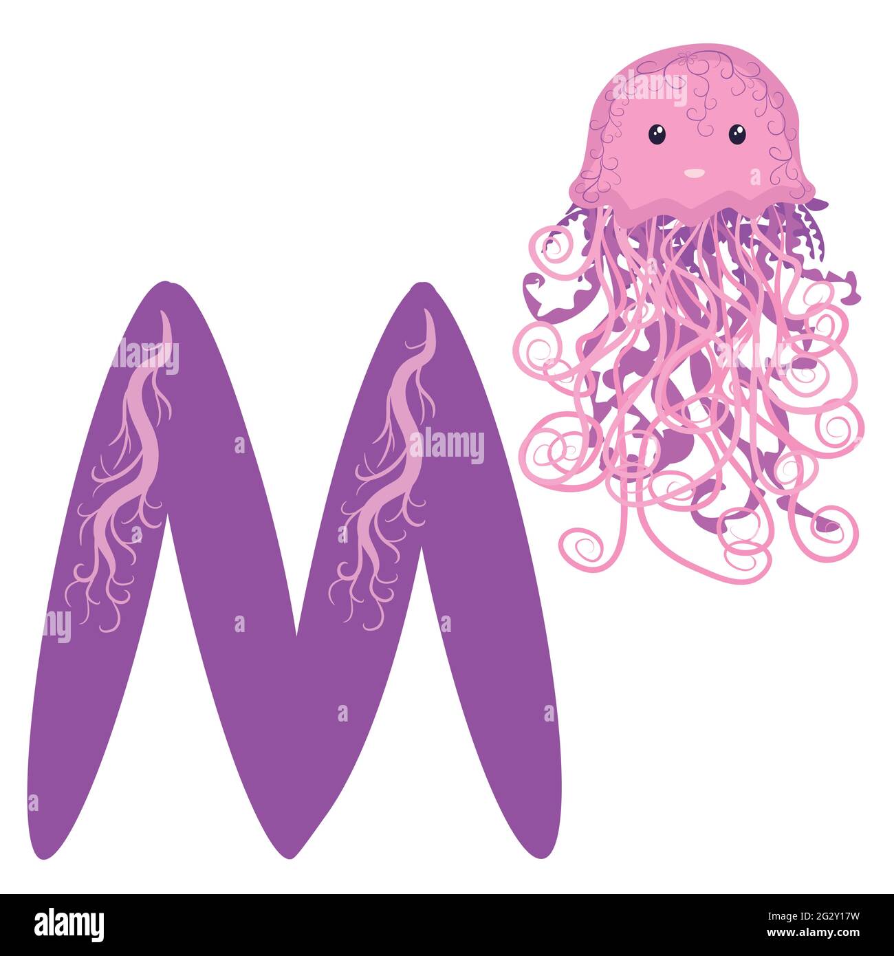 Medusa et la lettre M. alphabet drôle pour les enfants avec des animaux, pour les enfants d'âge préscolaire apprenant la lettre Illustration de Vecteur