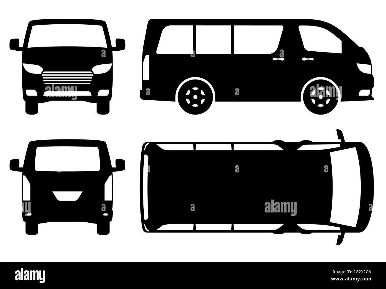 Silhouette de fourgonnette sur fond blanc. Les icônes de véhicule définissent la vue latérale, avant, arrière et supérieure Illustration de Vecteur