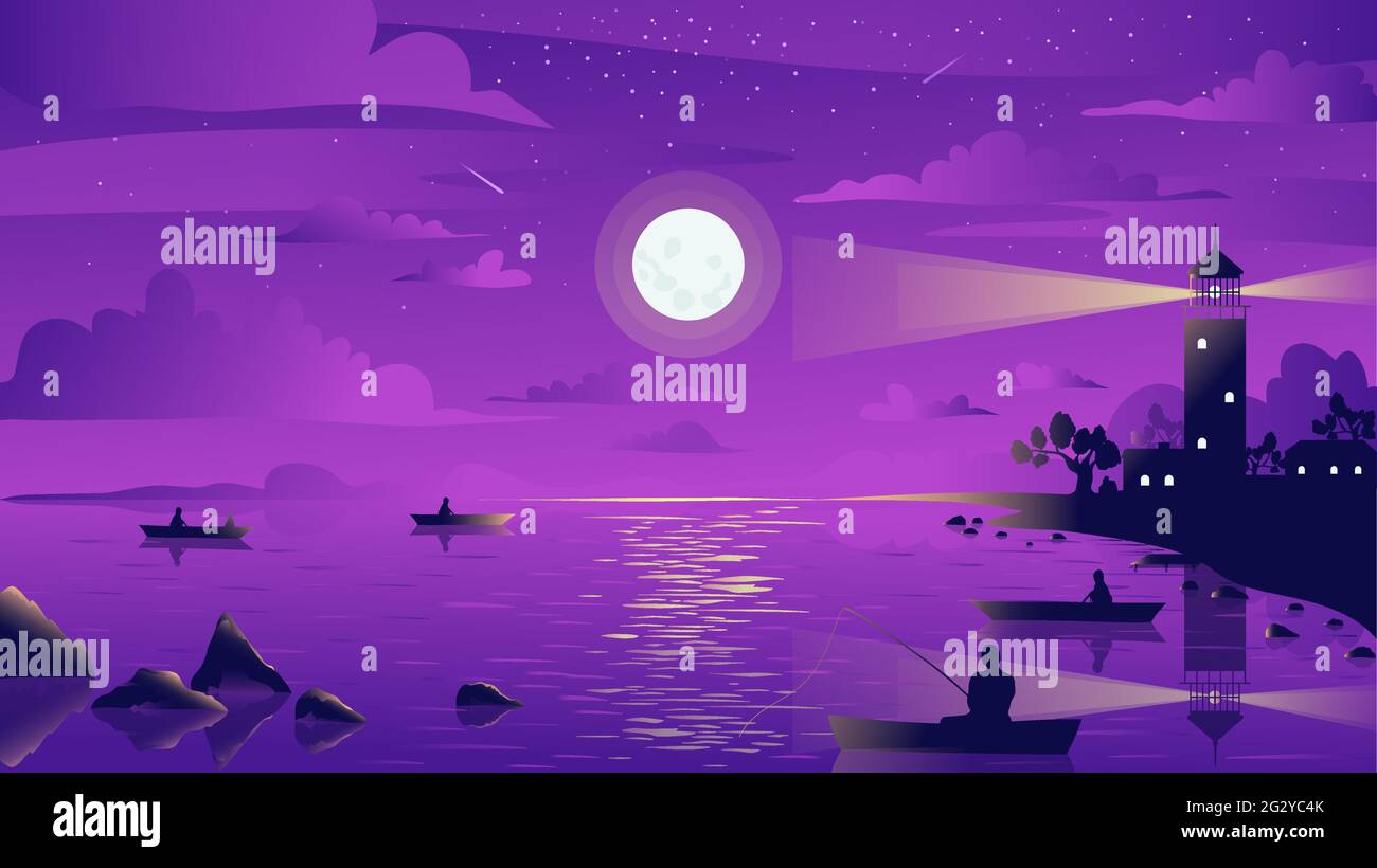 Nuit lune phare mer paysage illustration vectorielle. Dessin animé de pêcheur assis dans un bateau à voile, les silhouettes de gens attrapent le poisson avec canne à pêche, pleine lune et étoiles paysage d'été arrière-plan Illustration de Vecteur