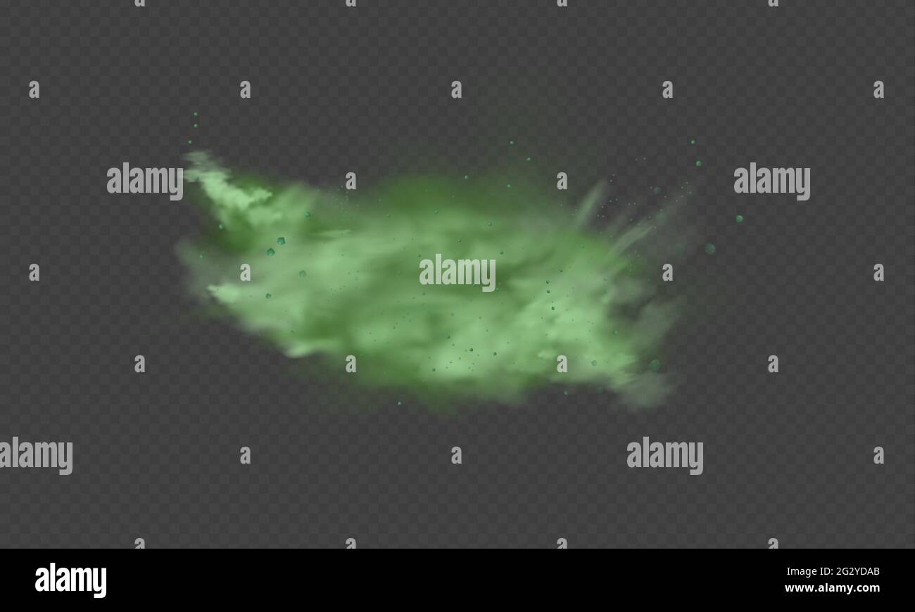 Poussière verte. Fumée floue abstraite avec particules vertes. Fumée ou poussière isolée sur fond transparent. Gaz mystique abstrait. Illustration vectorielle. Illustration de Vecteur
