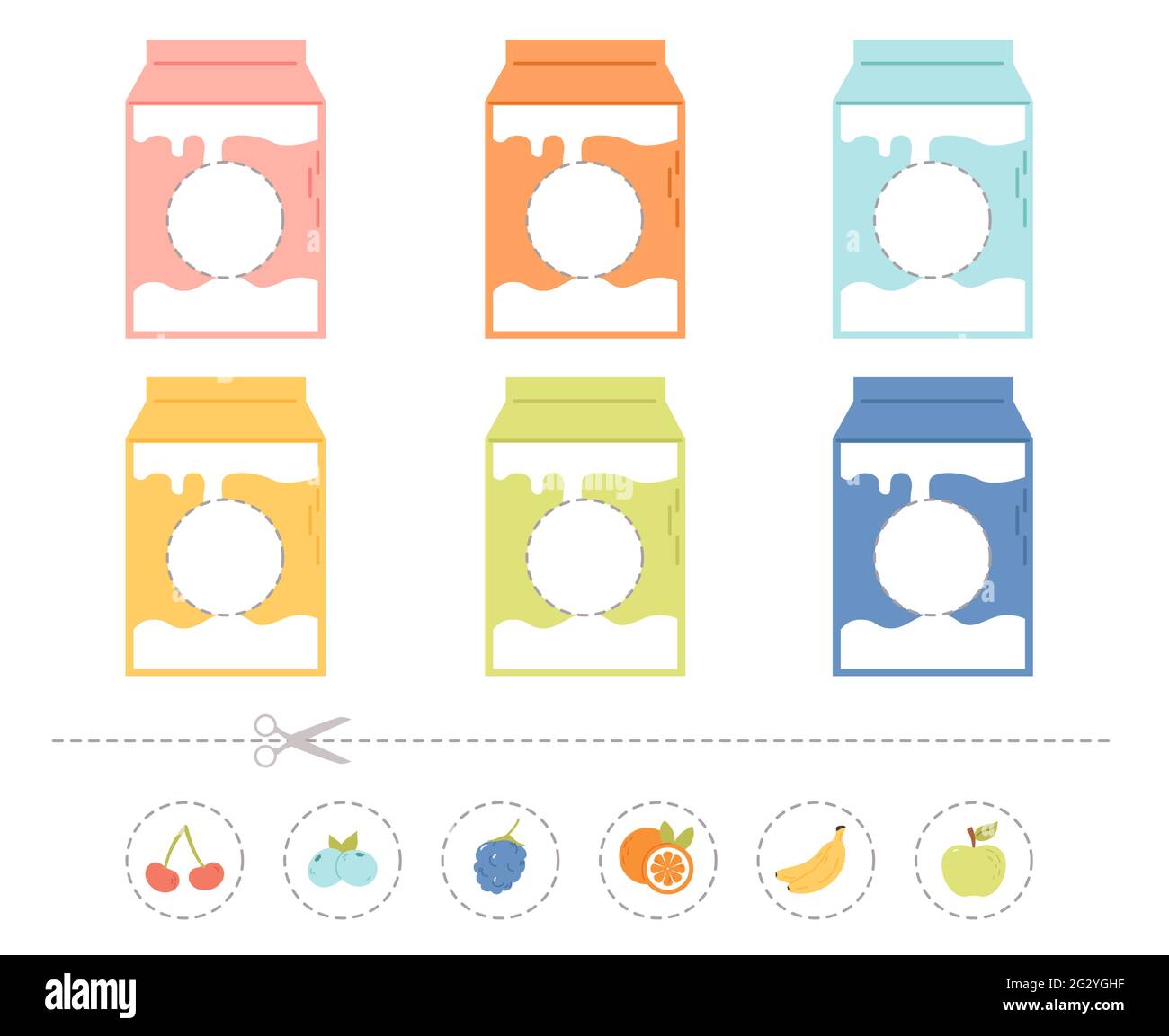 Jeu de coupe et de colle pour enfants. Feuilles de travail de jeu de maternelle, cartes de couleurs d'apprentissage illustrations vectorielles isolées. Cartes de jeux pour enfants Illustration de Vecteur