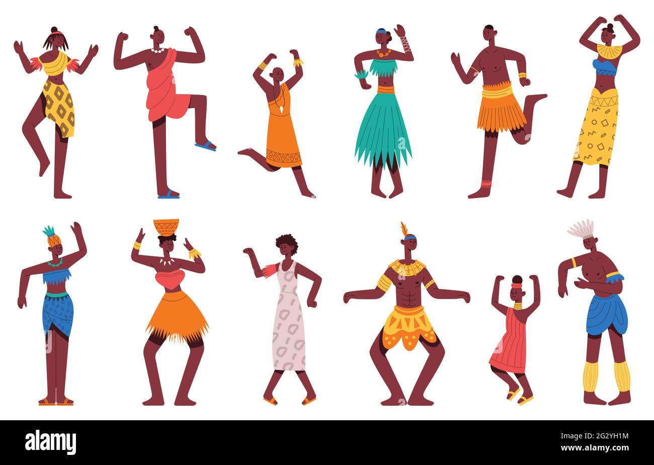 Danse africaine. Danse tribale danse africaine noir hommes et femmes personnages isolés de dessin animé scénario ensemble. Danseurs tribaux africains Illustration de Vecteur