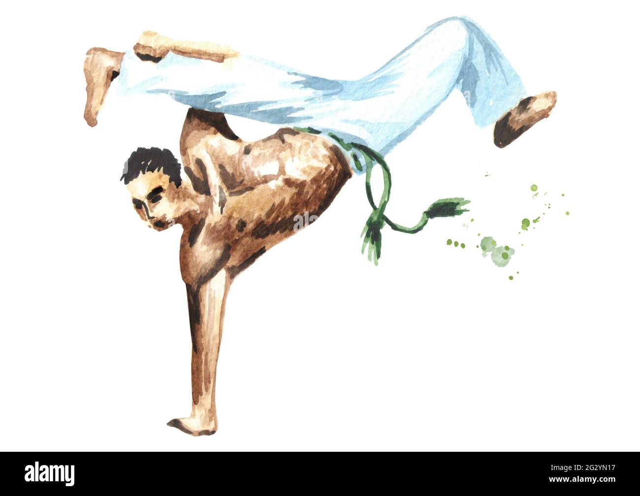 Jeune homme pratiquant la capoeira, exécute la main sur une main isolée sur fond blanc. Concept sur les gens, le style de vie et le sport. Main aquarelle Banque D'Images