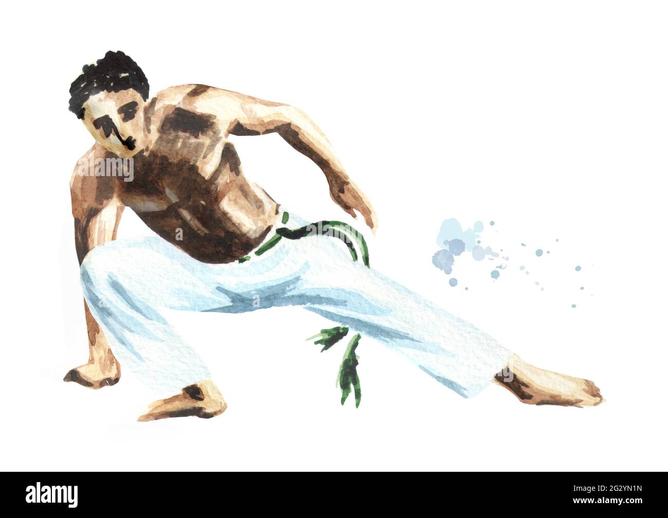 Jeune homme pratiquant la capoeira, luttant isolé sur fond blanc. Concept sur les gens, le style de vie et le sport. Illustration aquarelle dessinée à la main Banque D'Images