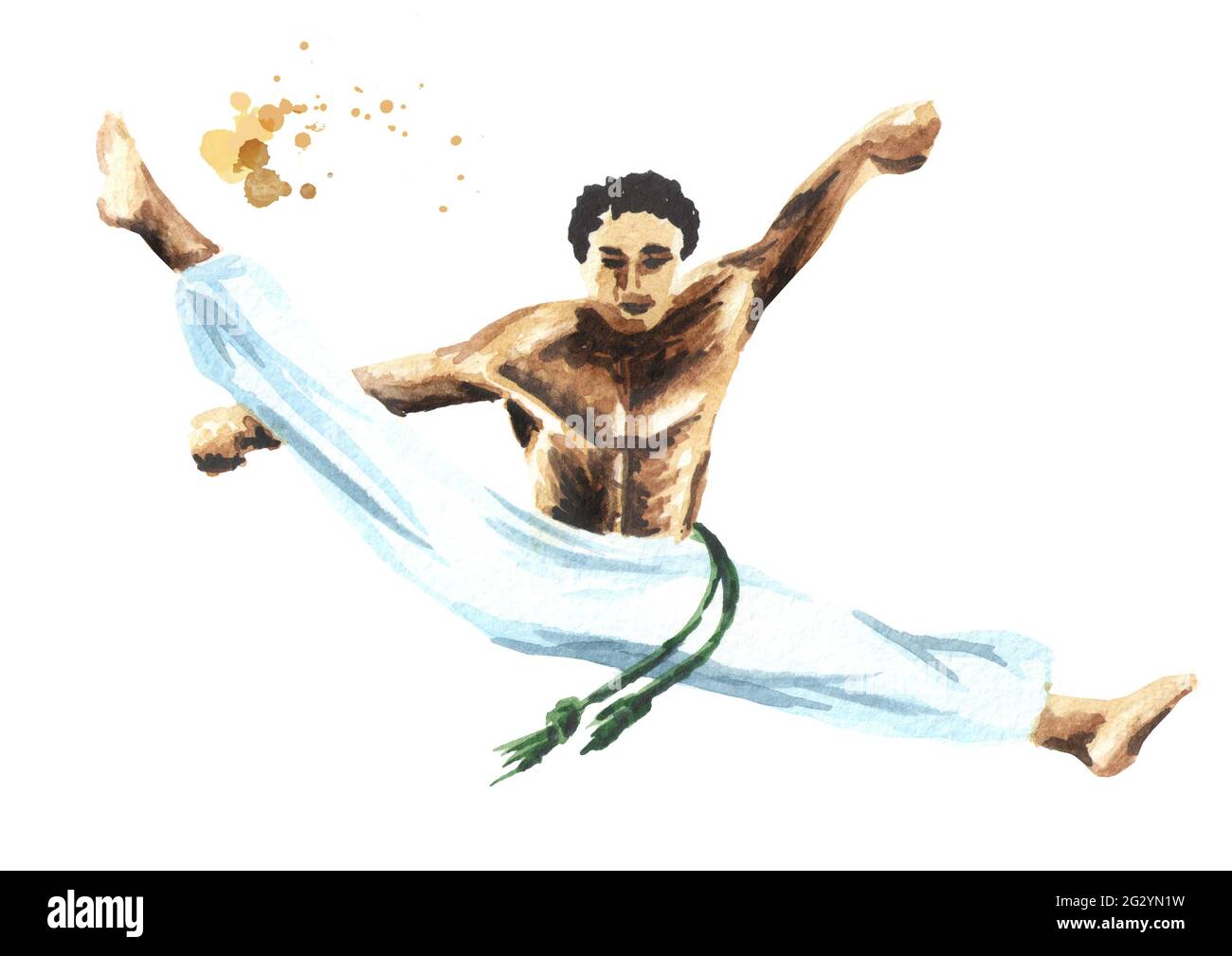 Jeune homme pratiquant la capoeira, sautant dans l'air et luttant isolé sur fond blanc. Concept sur les gens, le style de vie et le sport. Aquarelle manuelle dr Banque D'Images