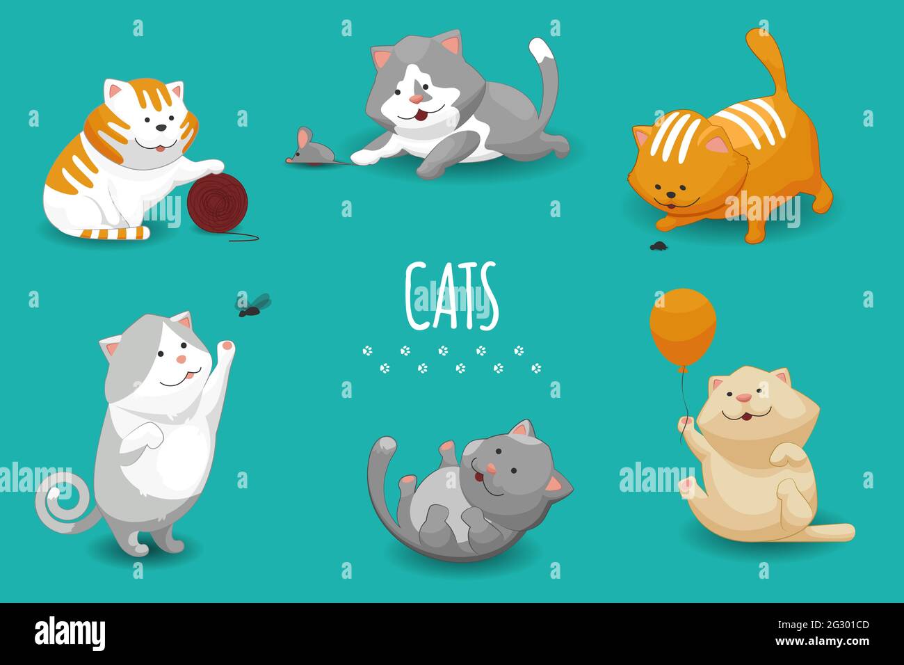 Illustration vectorielle mignon chatons. Ensemble de chats et chats domestiques jouant Illustration de Vecteur