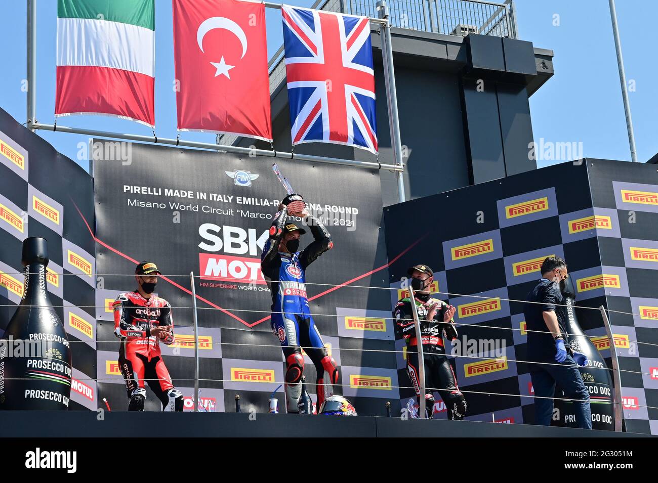 Misano World circuit Marco Simoncelli, Misano Adriatico, Italie, 13 juin 2021, n° 54 Toprak Razgatlioglu Pata Yamaha avec BRIXX WorldSBK N° 21 Michael Rubens Rinaldi Aruba.it course Ducati N° 1 Jonathan Rea Kawasaki Racing Team WorldSBK pendant FIM Superbike World Championship 2021 - course 2, World Superbike - SBK - photo Otto Moretti / LM Banque D'Images