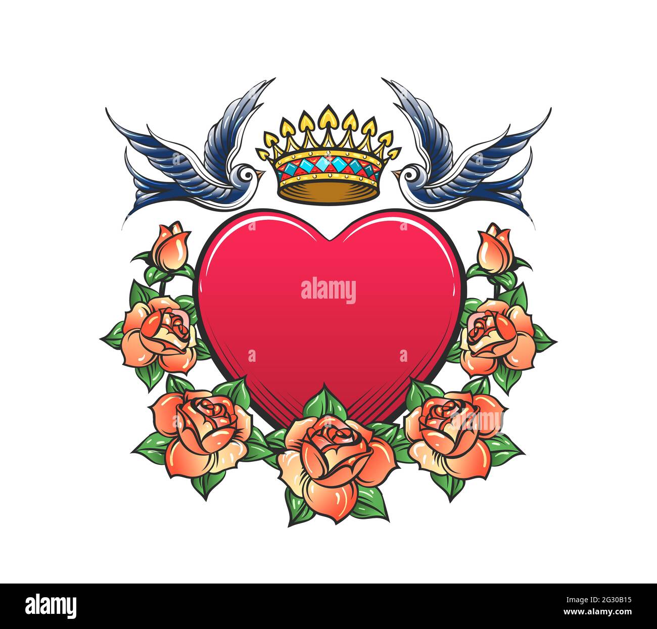 Tatouage de coeur avec couronne Rose couronne couronne et deux hirondelles isolées sur blanc. Illustration vectorielle Illustration de Vecteur