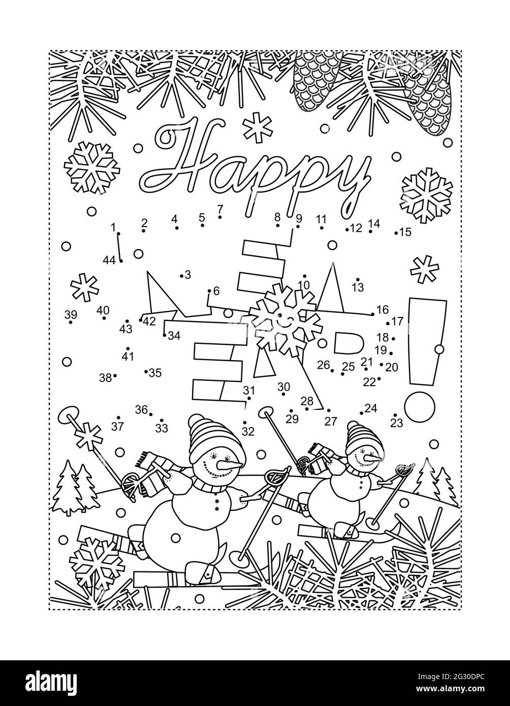 Joyeux nouvel an entre le puzzle à points et la page de coloriage avec texte de bienvenue et deux bonhommes de ski en scène d'hiver Banque D'Images Joyeux nouvel an entre le puzzle à points et la page de coloriage avec texte de bienvenue et deux bonhommes de ski en scène d'hiver Banque D'Images