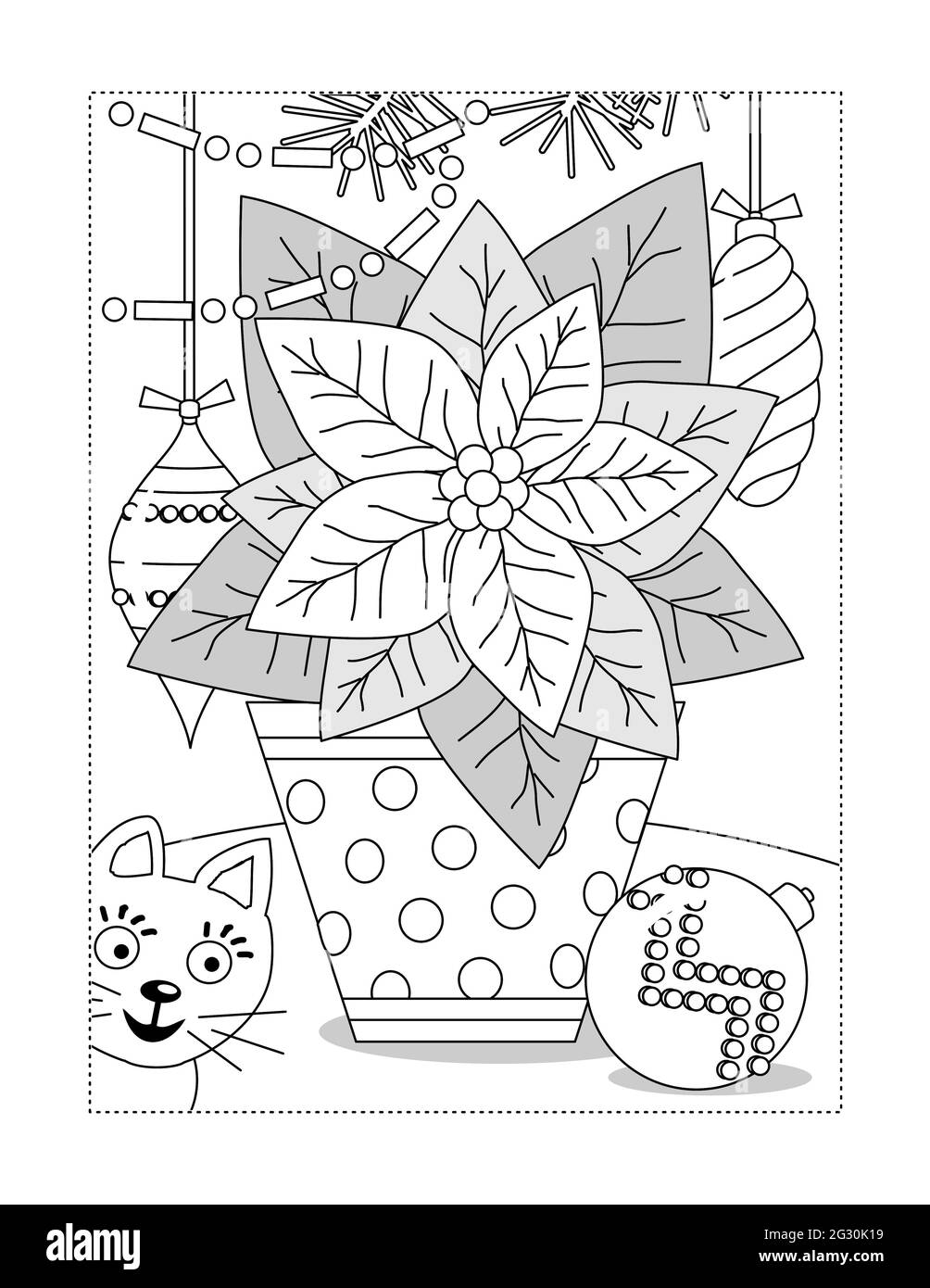 Poinsettia dans une page de coloriage en pot à pois ou illustration en noir et blanc avec chat et ornements Banque D'Images