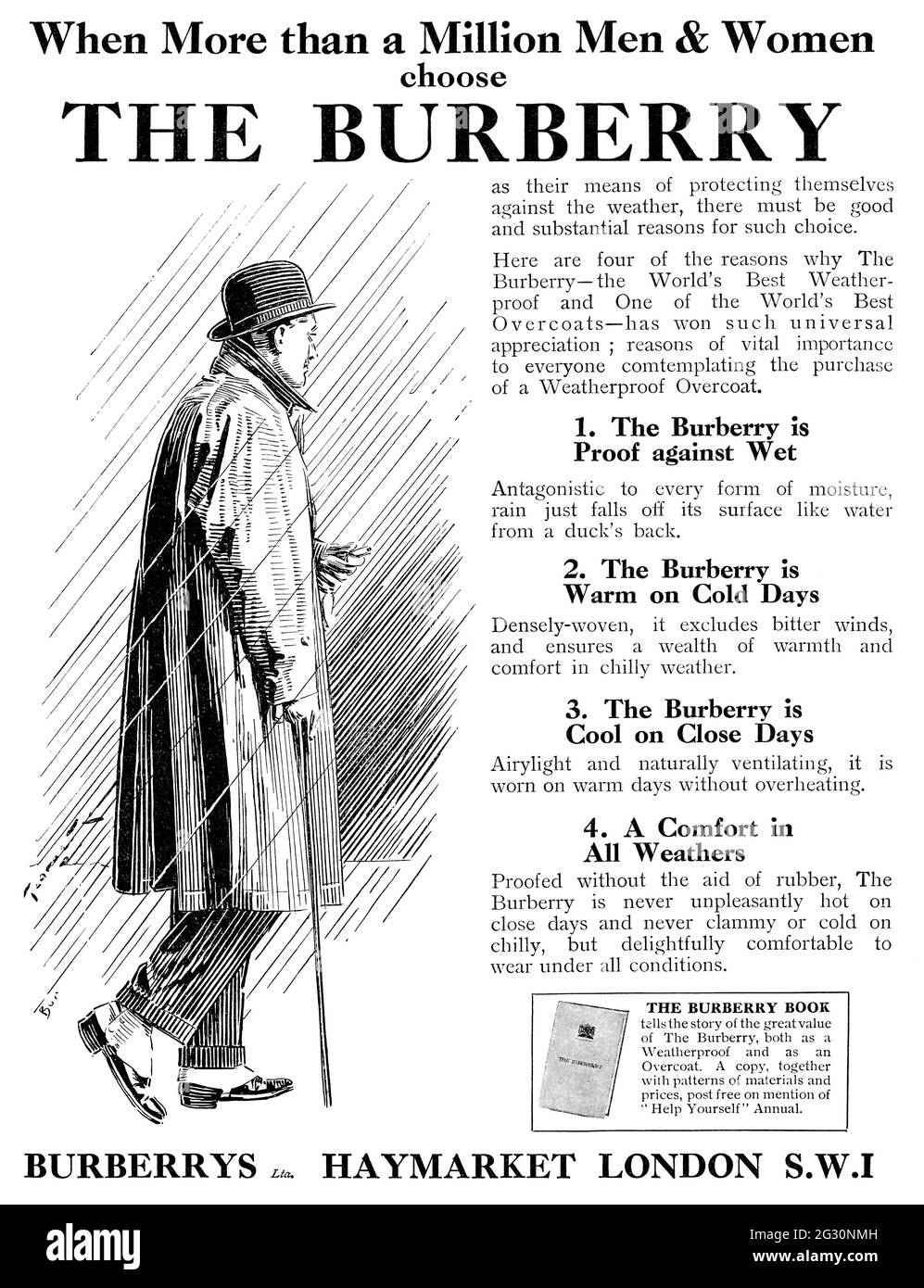 1930 publicité britannique pour la couche de finition résistante aux intempéries de Burberry. Banque D'Images