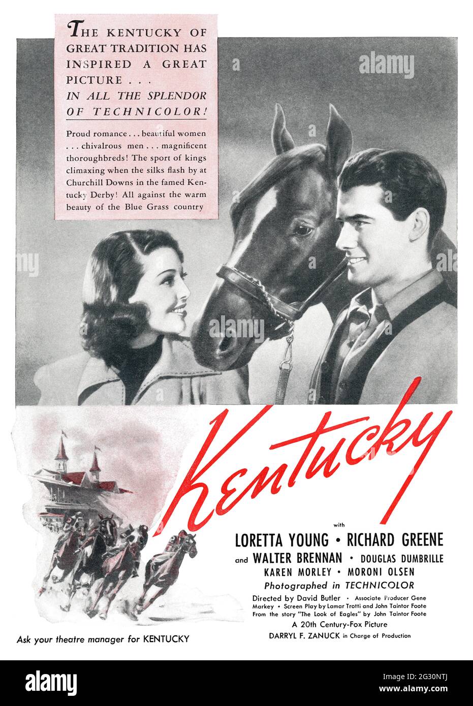 1939 publicité américaine pour le film Kentucky, avec Loretta Young, Richard Greene et Walter Brennan et réalisé par David Butler. Banque D'Images