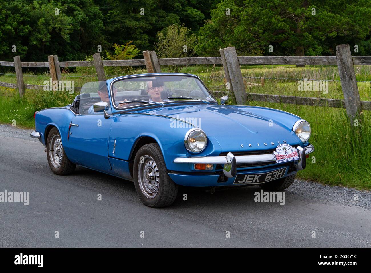 1970 70s Blue Triumph Spitfire au 58e annuel Manchester à Blackpool Vintage & Classic car Run l'événement est un « Touring Assembly » Banque D'Images