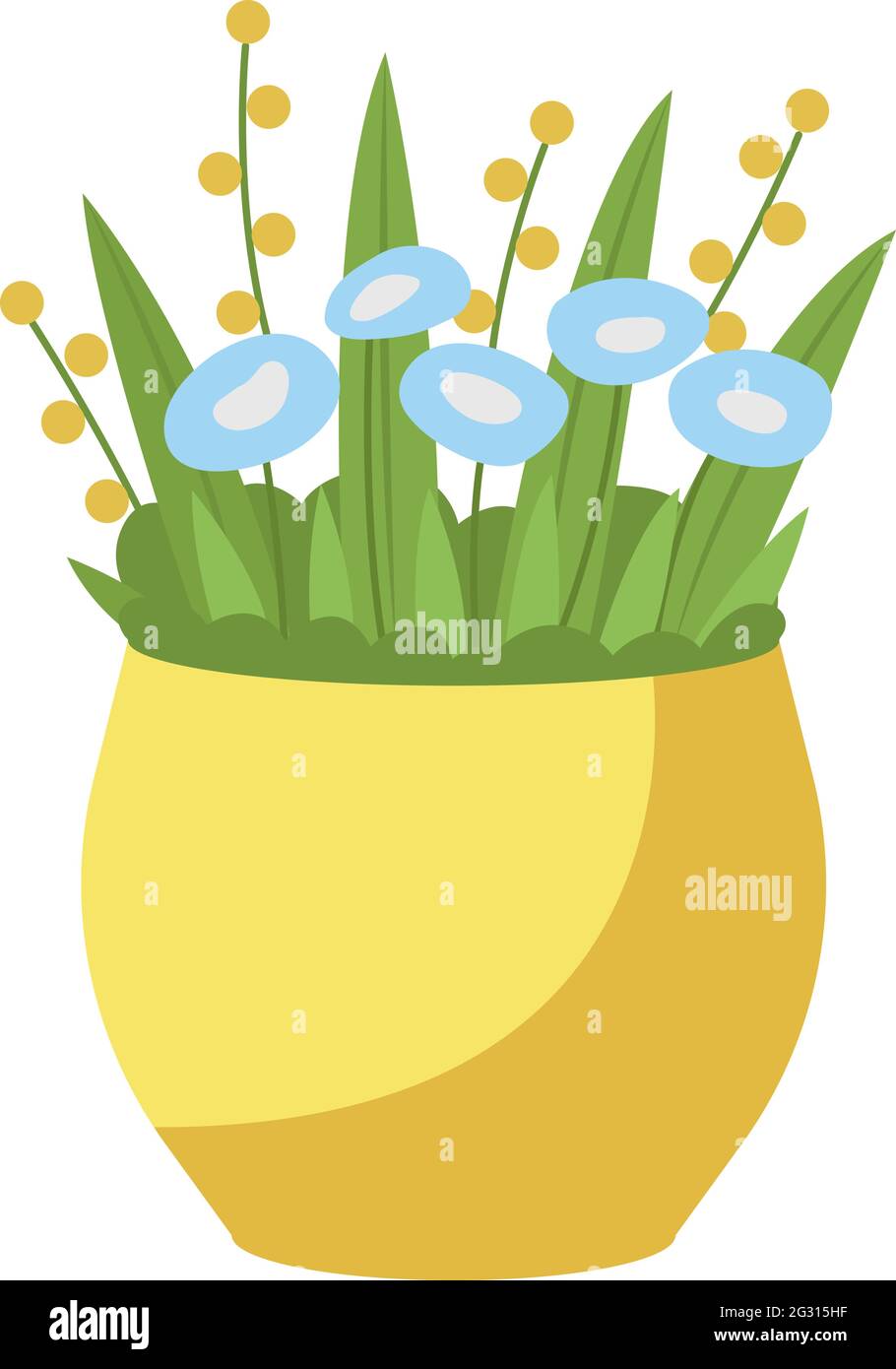 Bleu Forget Me pas bouquet de fleurs dans vase jaune semi plat couleur vecteur objet Illustration de Vecteur