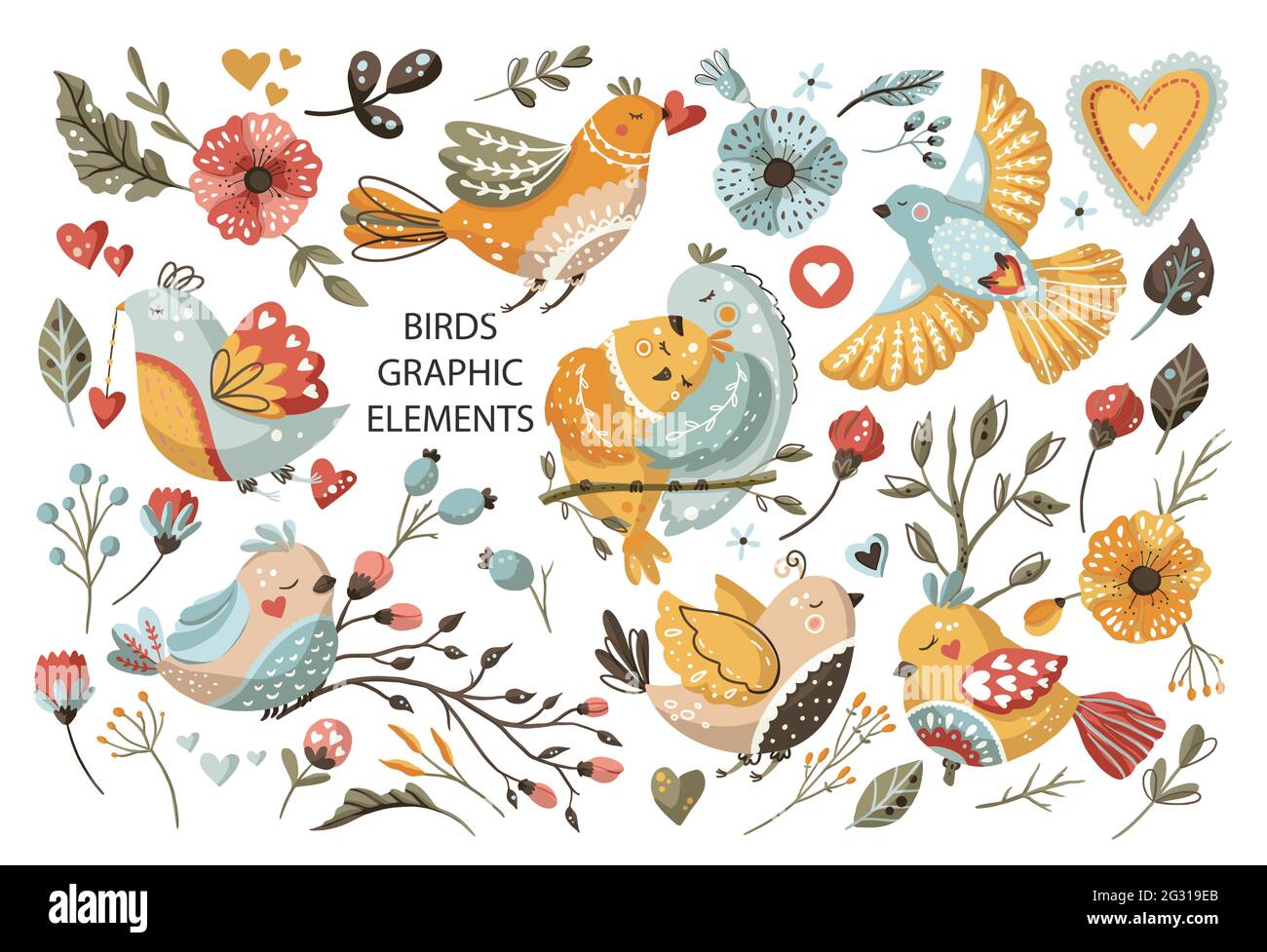 Ensemble de dessins animés pour oiseaux d'été. Jolie collection scandinave d'animaux colorés avec fleur, petits oiseaux lumineux nature faune clipart élément. Illustration de Vecteur