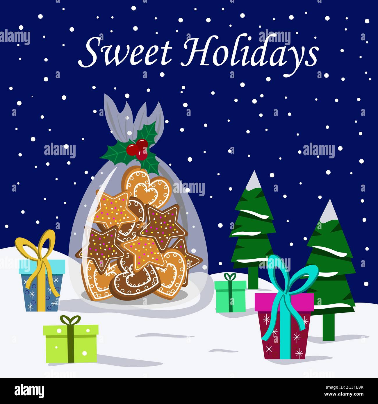 Illustration festive avec biscuits au gingembre, arbres de Noël et cadeaux. Illustration de Vecteur
