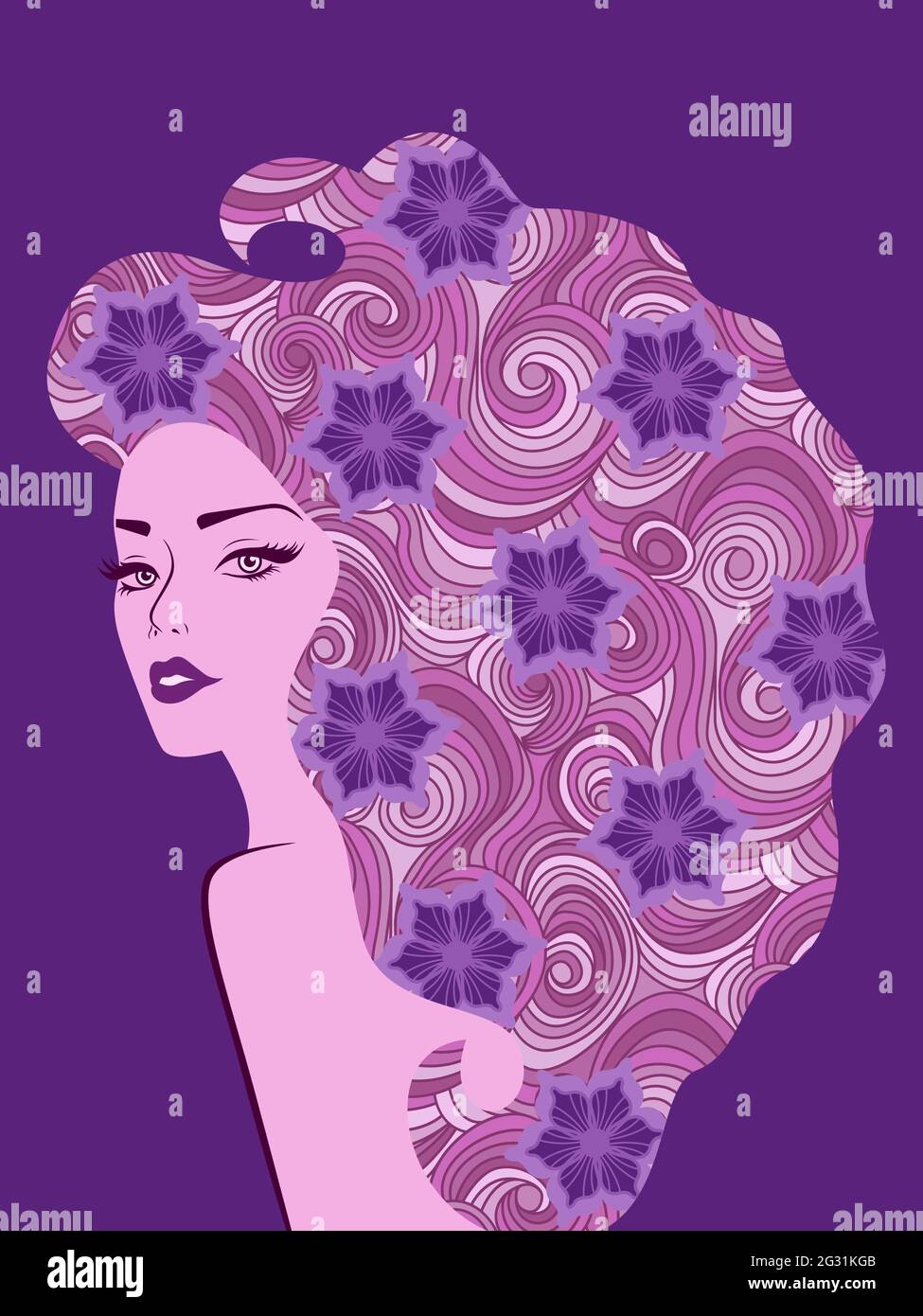 Belle et sensuelle femme avec de magnifiques cheveux colorés dans des tons violets doux Illustration de Vecteur