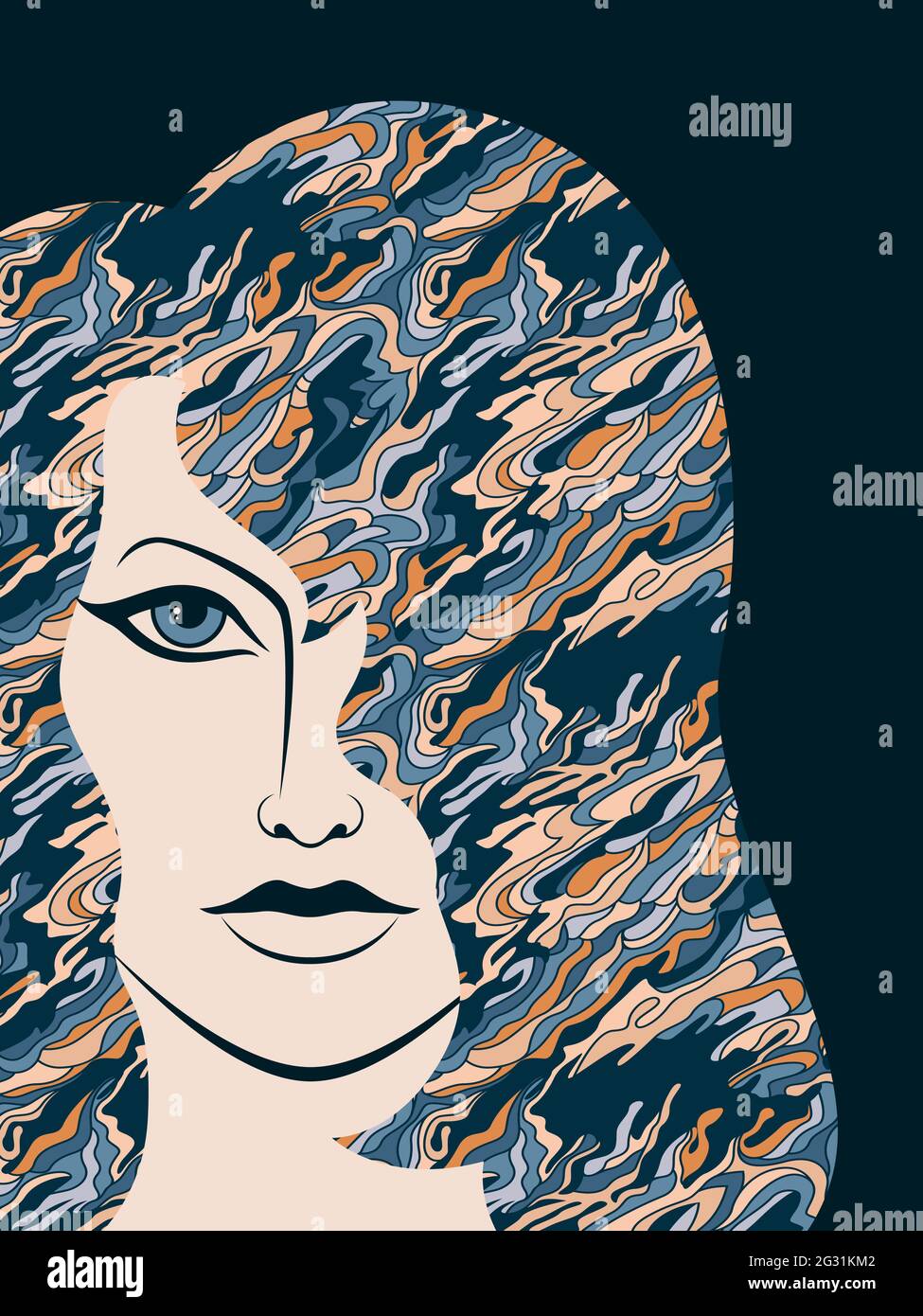 Charmante et belle femme aux cheveux magiques dans des teintes bleu et orange Illustration de Vecteur