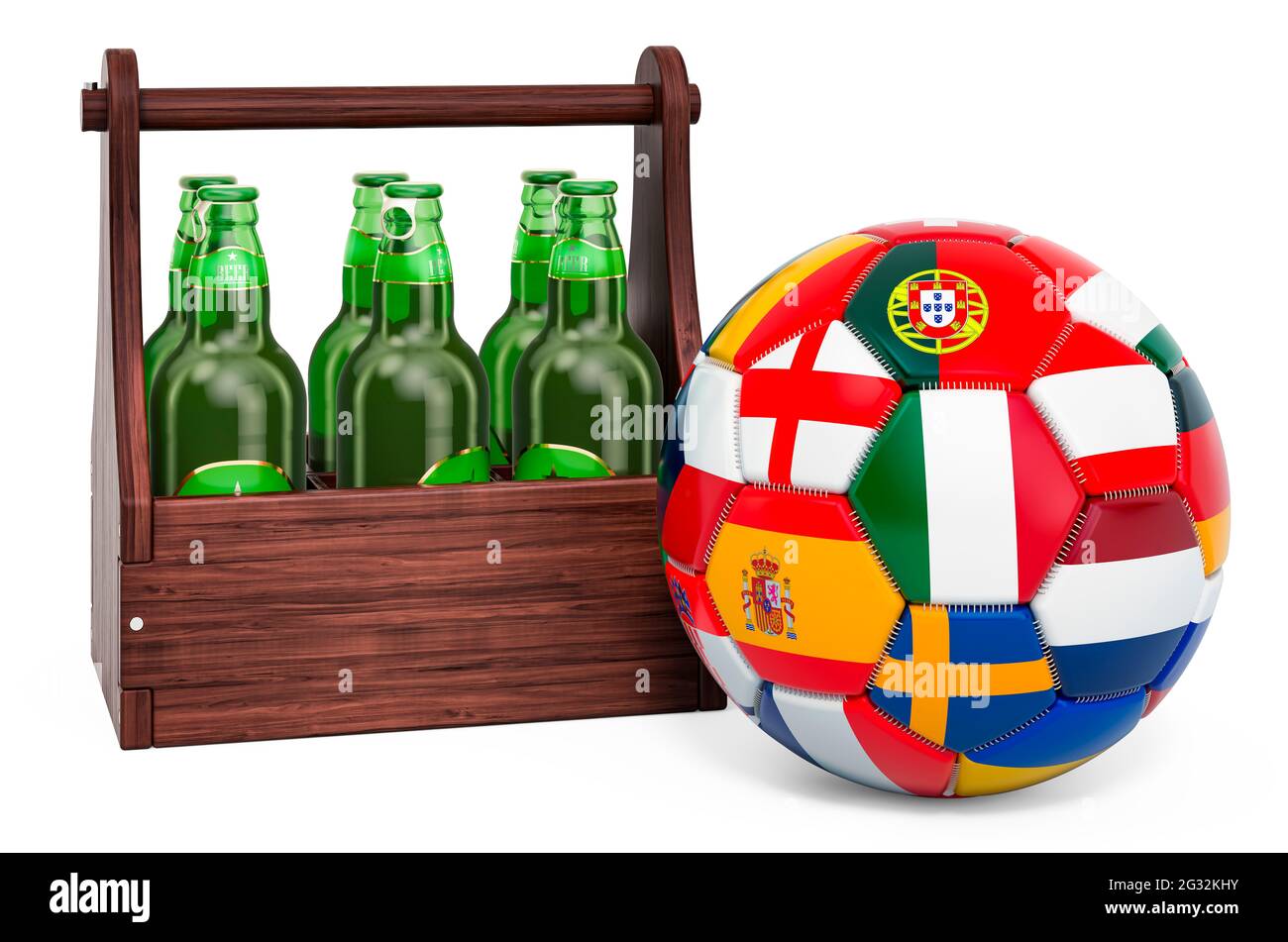 Ballon de football avec drapeaux et bouteilles de bière dans l'emballage en  bois. Rendu 3D isolé sur fond blanc Photo Stock - Alamy