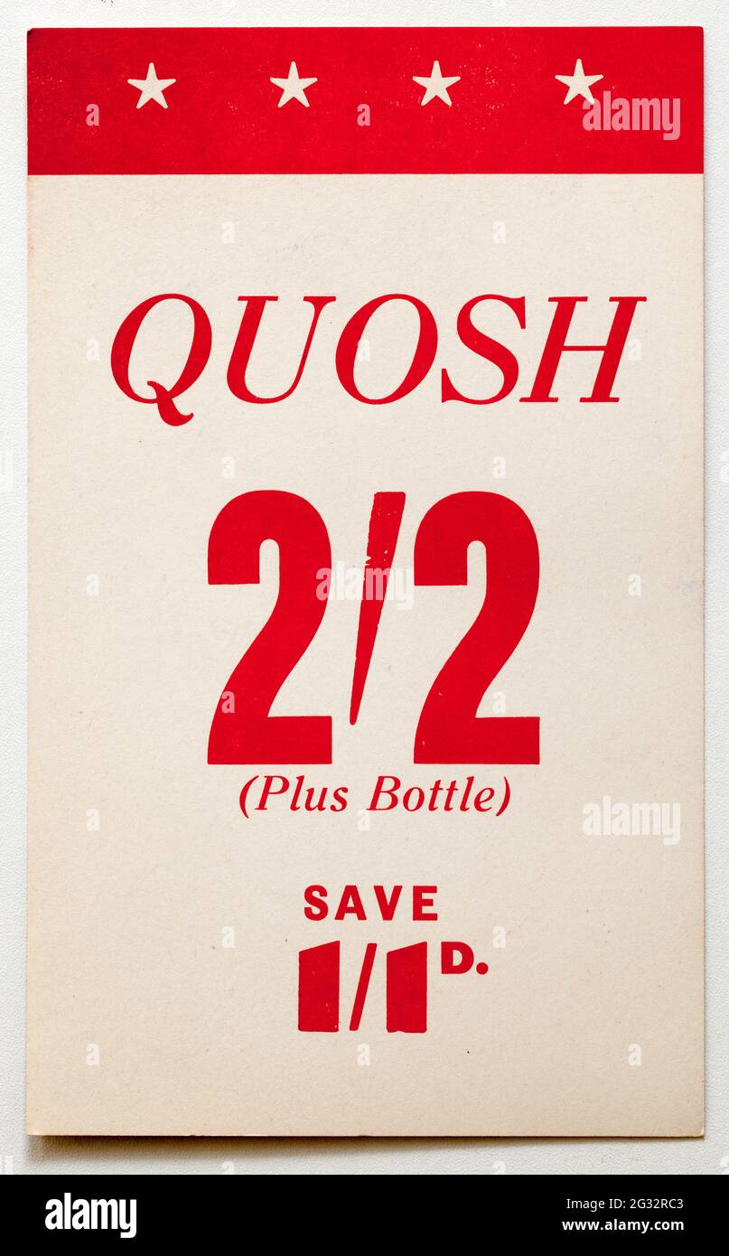 Vinatge années 1960 Boutique Publicité carte d'affichage de prix - Quosh Banque D'Images