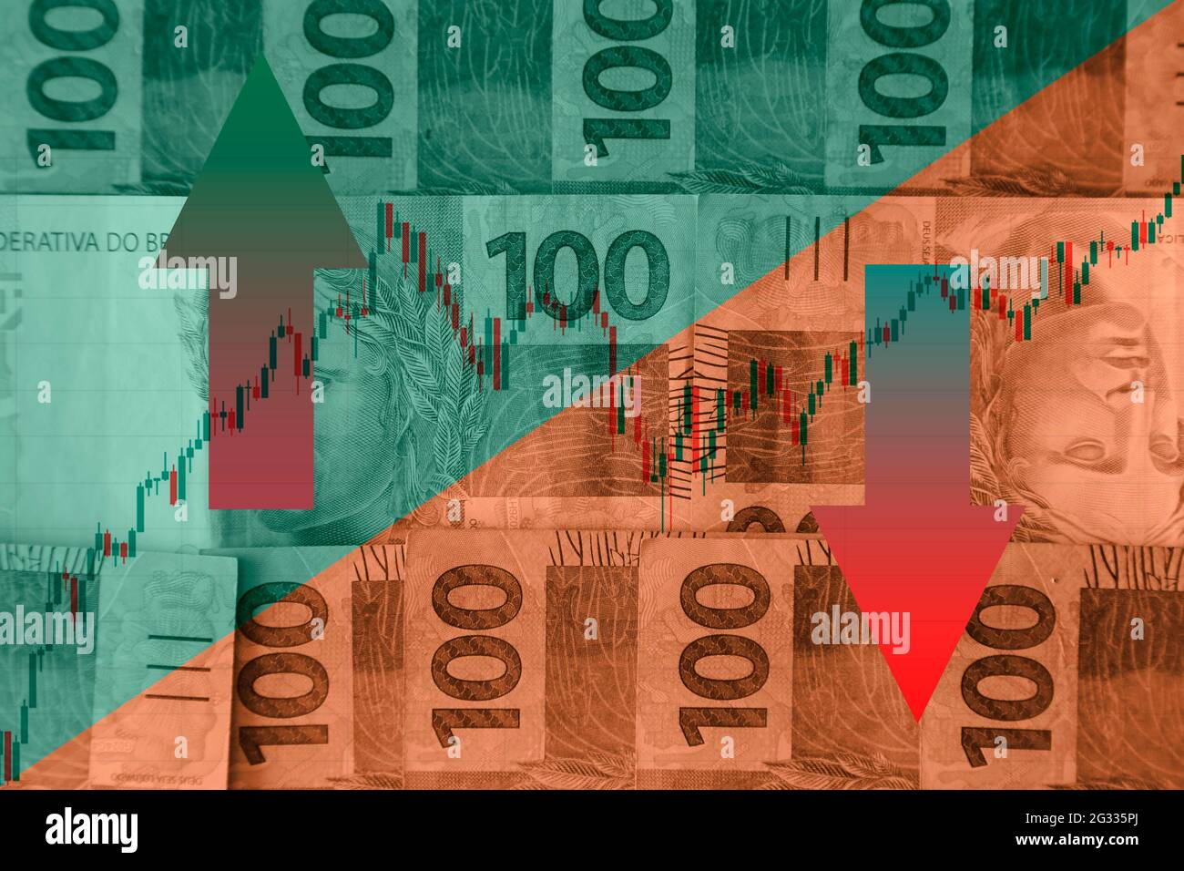 brésil money concept - couleur verte et jaune avec tableau de la bourse mixte et des centaines de reais de billets Banque D'Images