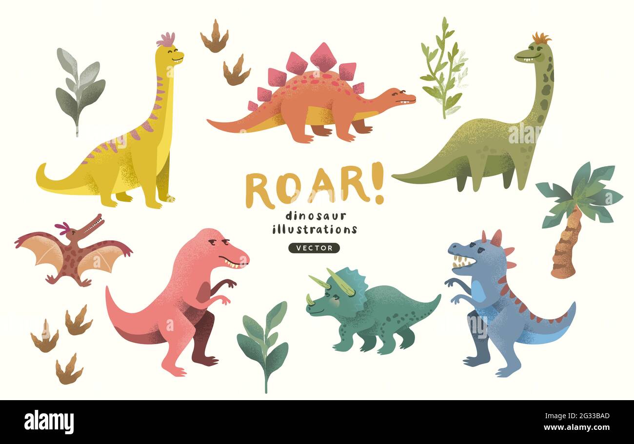 Une collection de jolies décorations colorées à motif dinosaure heureux. Illustration vectorielle. Illustration de Vecteur