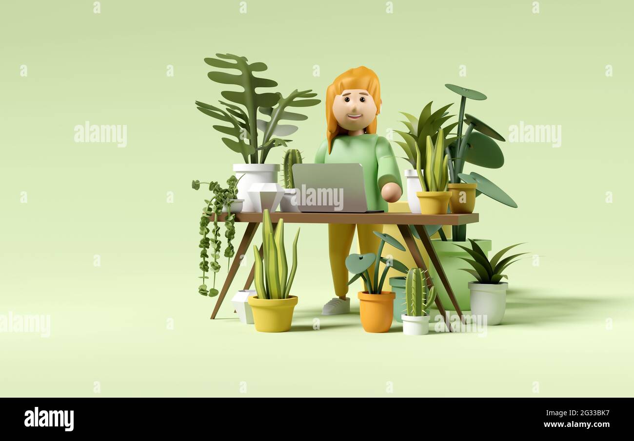 Une femme qui s'occupe des plantes de la maison tout en travaillant. Concept de personnage de démarrage de petites entreprises. Illustration 3D. Banque D'Images