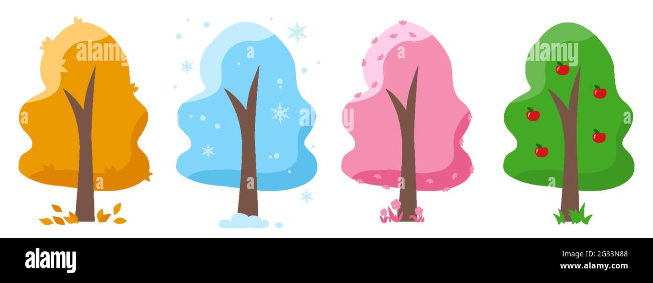 Arbres hiver automne printemps été. Arbre décoratif avec feuilles, neige, fleurs roses, fruits, pommes rouges. Ensemble quatre saisons abstraites. Bannière, affiche, logo, publicité. Scrapbooking Illustration de Vecteur
