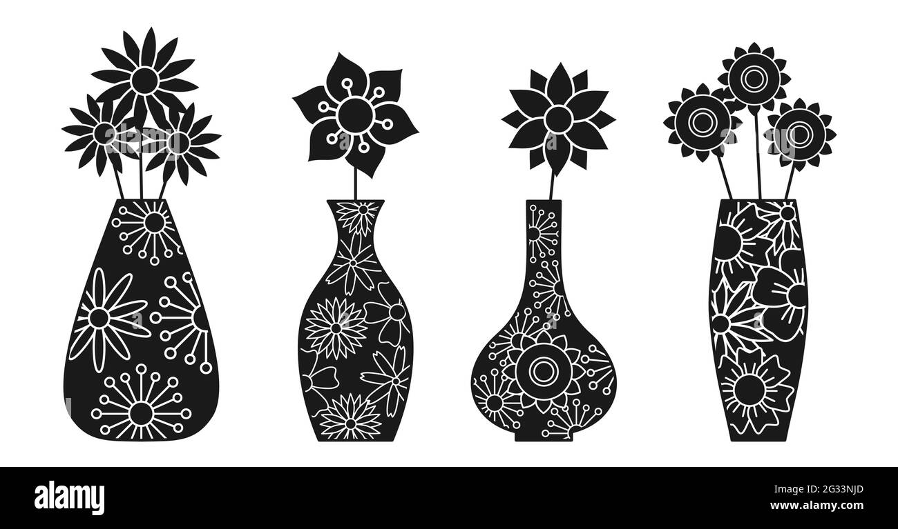 Vases et fleurs silhouette noire inhabituelle avec lignes blanches à l'intérieur. Pivoines, camomilles, asters, gerberas. Vases à col étroit et large. Design pour cartes de vœux, bannières, invitations, affiches. Illustration de Vecteur