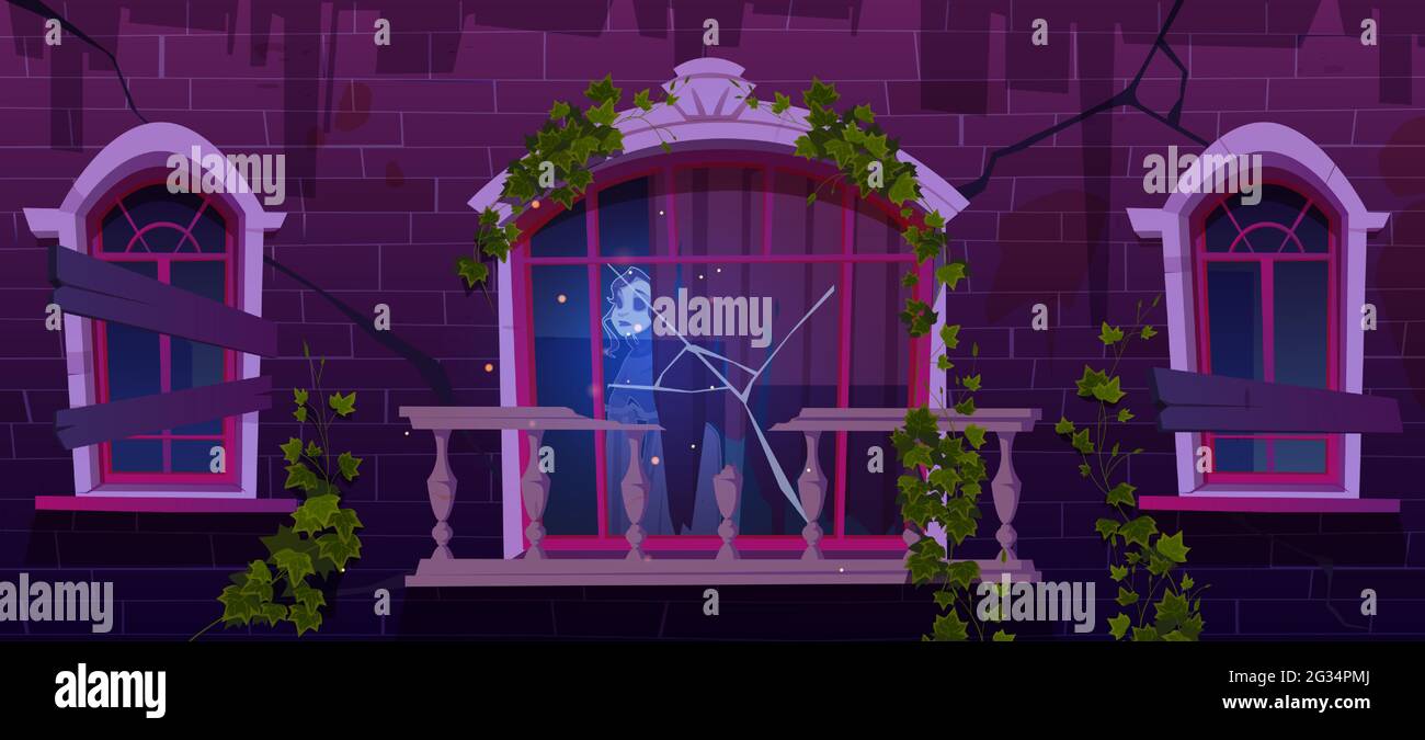 Ancienne maison hantée avec une femme fantôme dans la fenêtre. Bâtiment abandonné cassé avec des fenêtres à bord et des vignes ivy sur un mur de briques. Illustration de dessin animé vectoriel d'une maison d'époque sinistre avec l'esprit de fille morte Illustration de Vecteur