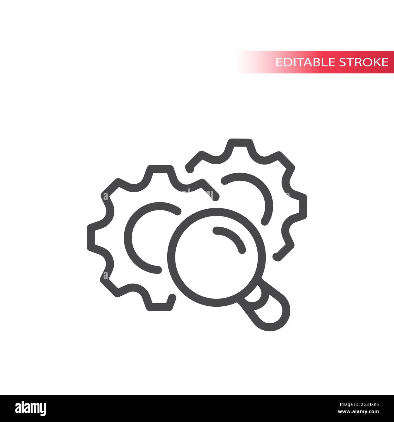 Roues dentées avec icône de ligne de loupe. Symbole de vecteur d'engrenage et de loupe, contour modifiable. Illustration de Vecteur