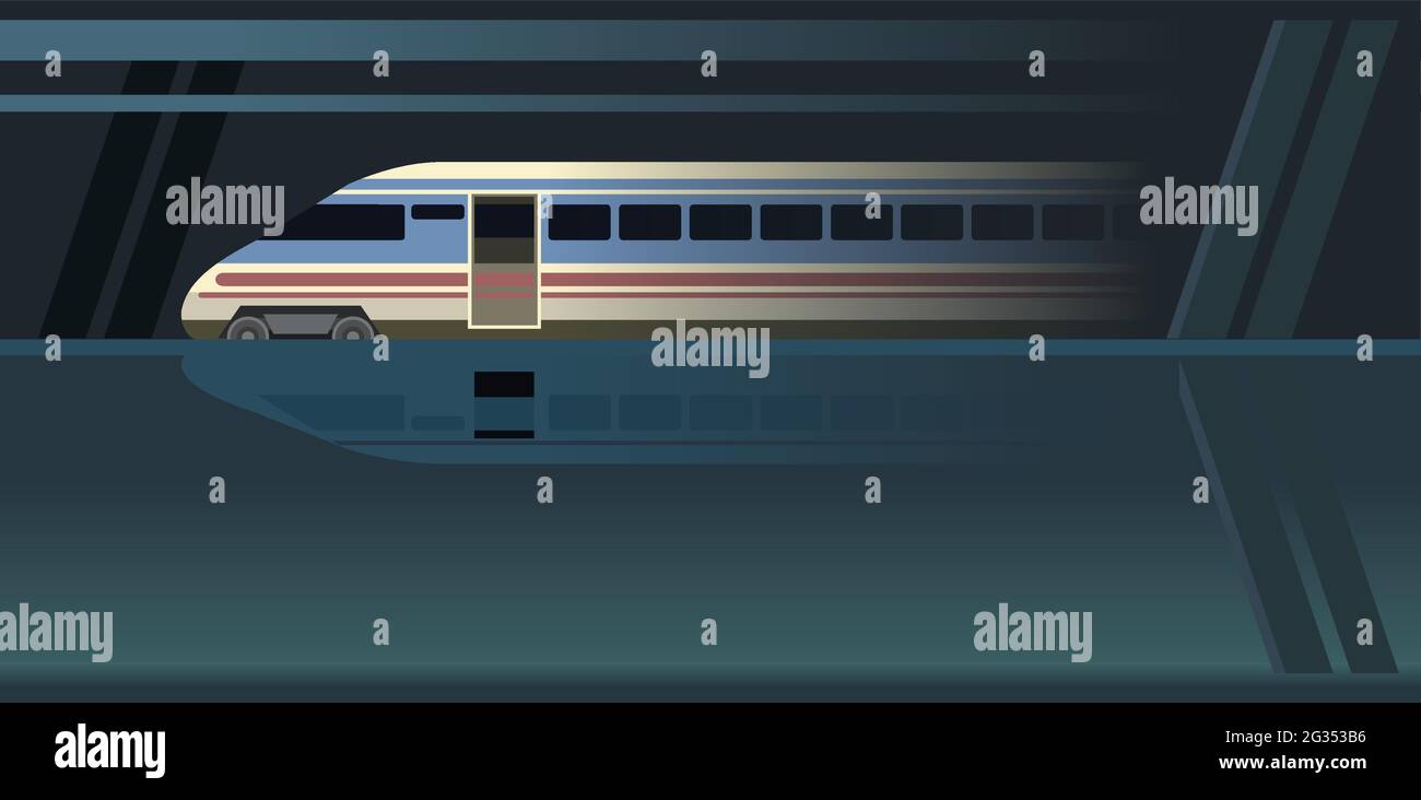 Train à grande vitesse, transport souterrain urbain et urbain. Chemin de fer avec une locomotive. Station de métro. Illustration sombre. Conception plate. Vecteur Illustration de Vecteur