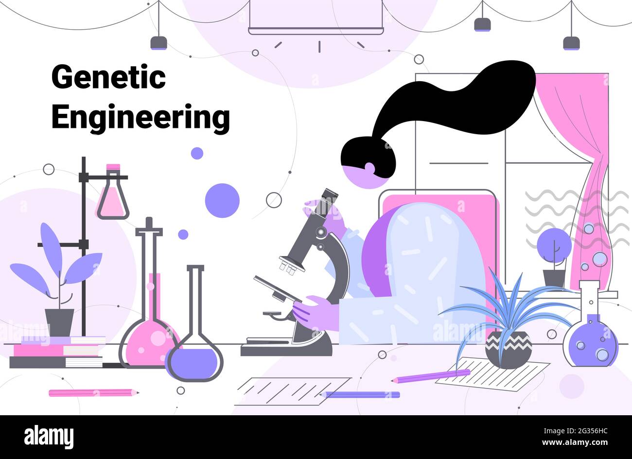 Femme scientifique utilisant un microscope analysant la structure de l'ADN chercheur faisant l'expérience dans le test de l'ADN en laboratoire génie génétique Illustration de Vecteur