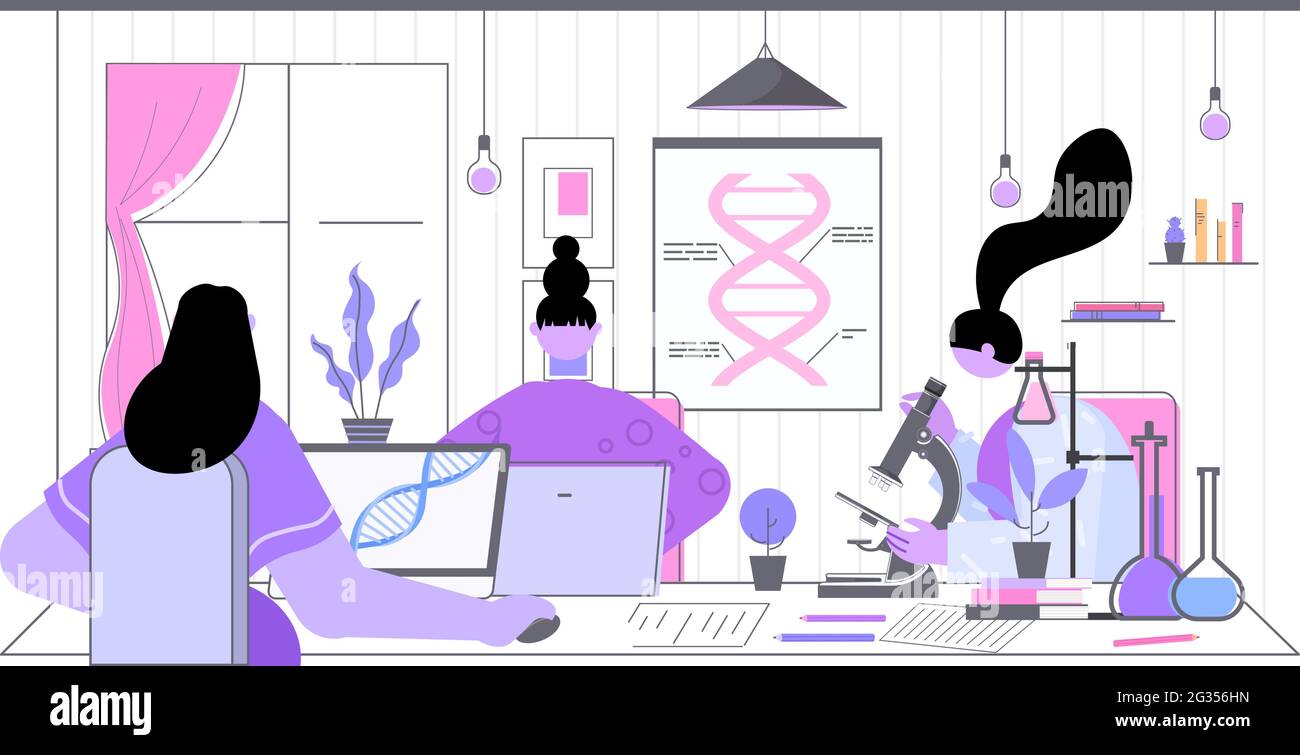 Équipe de scientifiques travaillant avec des chercheurs en ADN faisant des expériences dans le test d'ADN de laboratoire concept de génie génétique Illustration de Vecteur