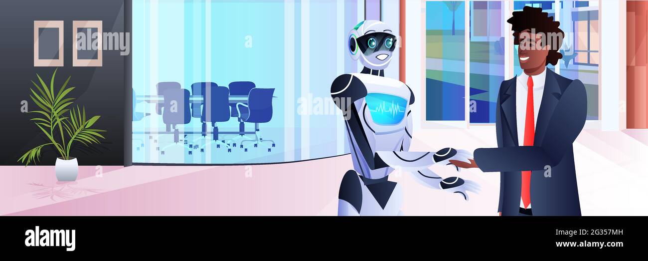 les hommes d'affaires et les robots de liaison lors de la réunion de partenariat technologie de l'intelligence artificielle Illustration de Vecteur