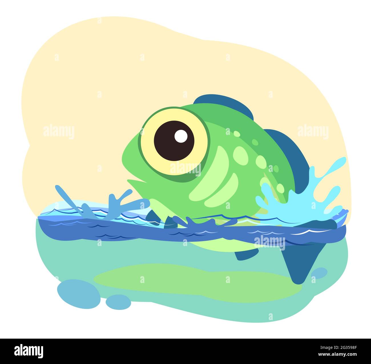 Poisson vert tropical. Petit paysage. La vie sous-marine. Animaux sauvages. Océan, mer. Eau d'été. Isolé sur fond blanc. Illustration en dessin animé Illustration de Vecteur