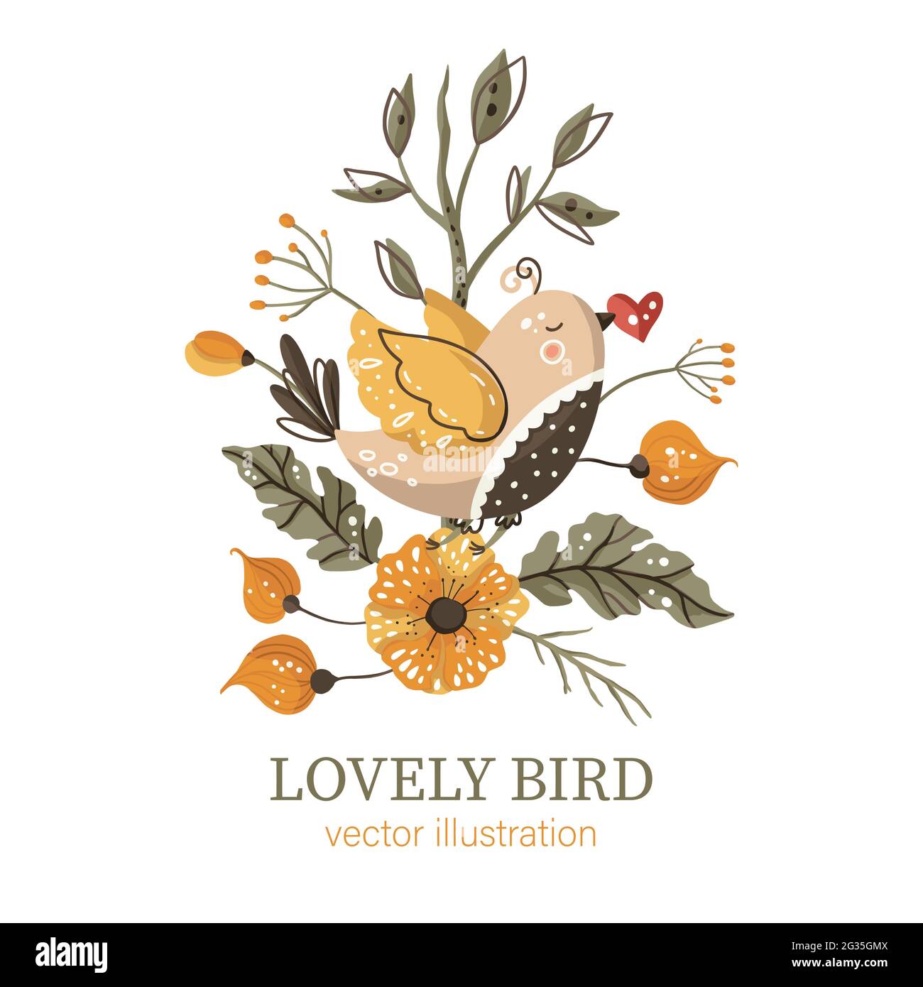 Adorable carte d'été pour enfants à motif animal représentant un dessin animé dans un style scandinave. Branche fleurie, imprimé de salutation pour les enfants, élément pour bébé sauvage. Illustration de Vecteur