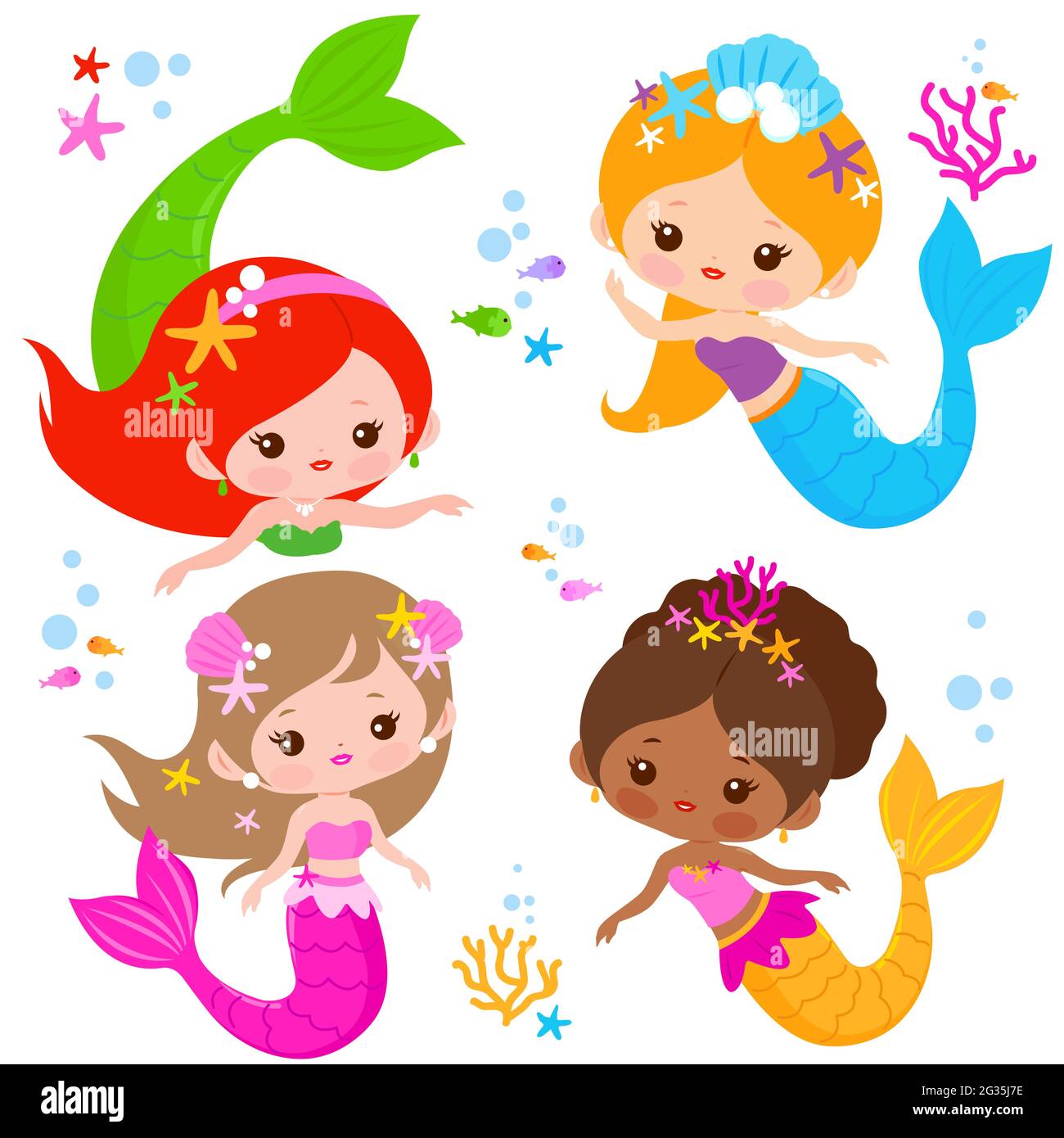 Ensemble mignonne de mermaid et animaux de mer. Banque D'Images