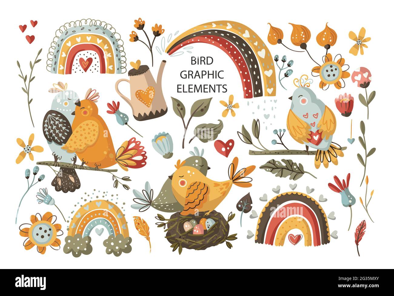 Ensemble de dessins animés pour oiseaux d'été. Jolie collection scandinave d'animaux colorés avec fleur, petits oiseaux lumineux nature faune clipart élément. Illustration de Vecteur