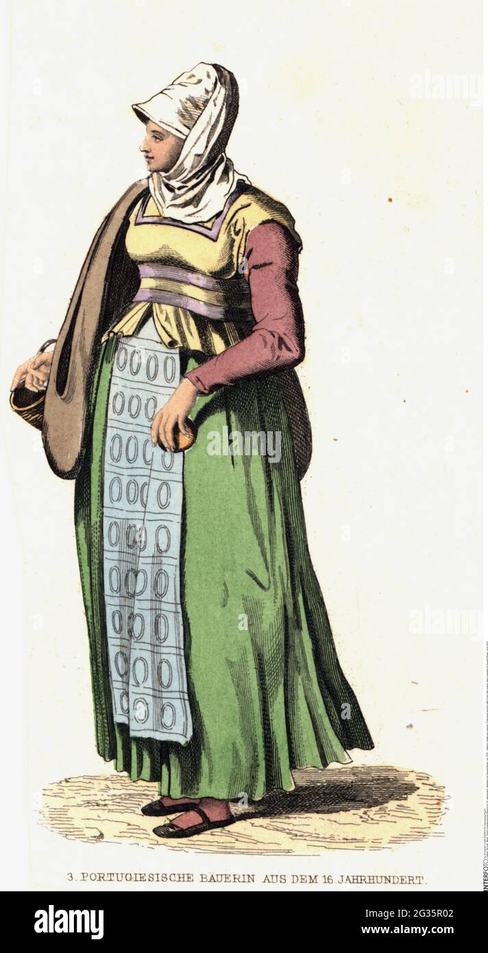 Mode, costume traditionnel, femme d'agriculteur portugais au XVIe siècle, DROITS SUPPLÉMENTAIRES-AUTORISATION-INFO-NON-DISPONIBLE Banque D'Images
